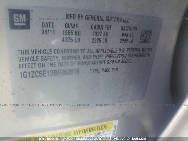 1G1ZC5E13BF362619 - 2011 CHEVROLET MALIBU 1LT 金色 照片 9