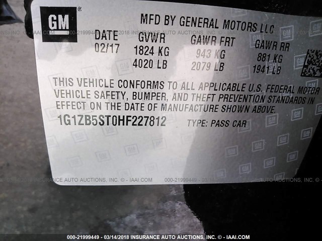 1G1ZB5ST0HF227812 - 2017 CHEVROLET MALIBU LS შავი ფოტო 9