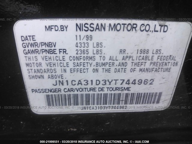 JN1CA31D3YT744962 - 2000 NISSAN MAXIMA GLE/GXE/SE GREEN photo 9