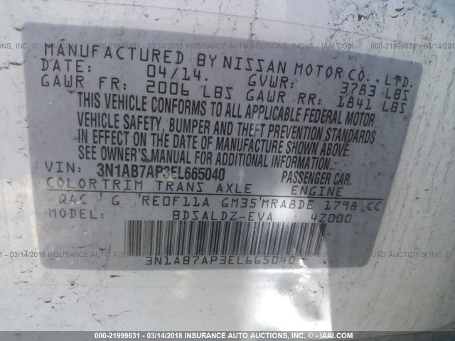 3N1AB7AP3EL665040 - 2014 NISSAN SENTRA S/SV/SR/SL WHITE photo 9