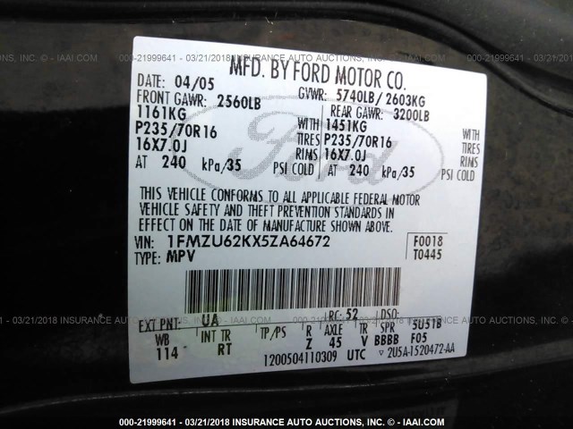 1FMZU62KX5ZA64672 - 2005 FORD EXPLORER XLS/XLS SPORT BLACK photo 9