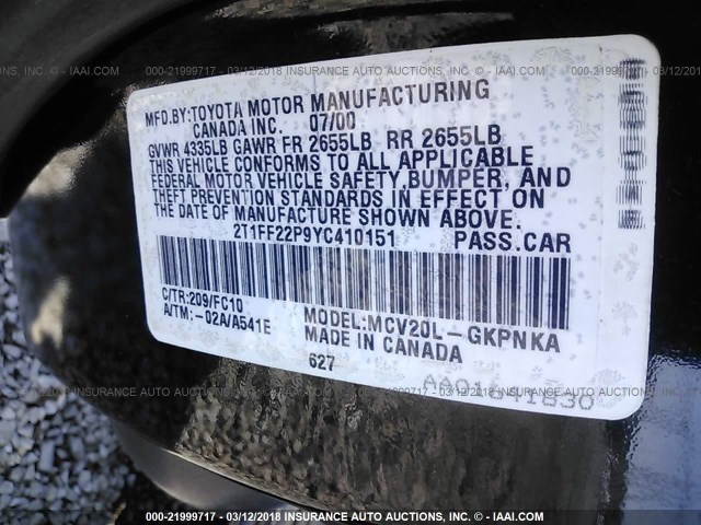 2T1FF22P9YC410151 - 2000 TOYOTA CAMRY SOLARA SE/SLE Qara foto 9