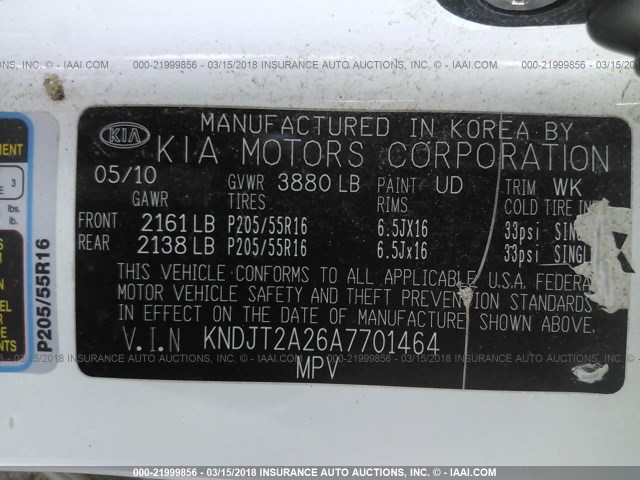 KNDJT2A26A7701464 - 2010 KIA SOUL +/!/SPORT WHITE photo 9