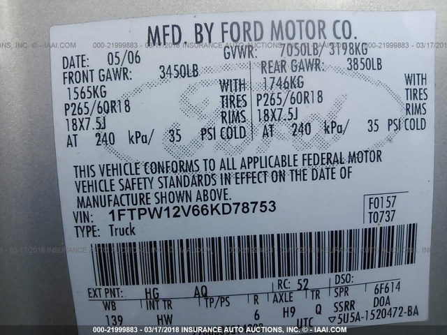 1FTPW12V66KD78753 - 2006 FORD F150 SUPERCREW SILVER photo 9