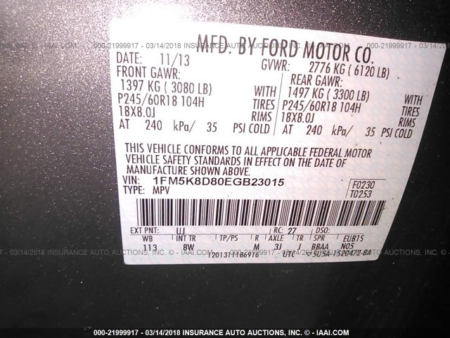 1FM5K8D80EGB23015 - 2014 FORD EXPLORER XLT GRAY photo 9