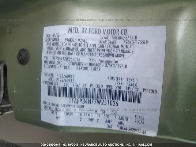 1FAFP34N77W251026 - 2007 FORD FOCUS ZX4/S/SE/SES GREEN photo 9