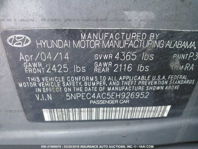 5NPEC4AC5EH926952 - 2014 HYUNDAI SONATA SE/LIMITED GRAY photo 9