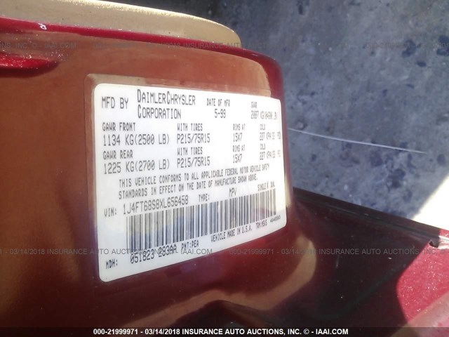 1J4FT68S8XL656458 - 1999 JEEP CHEROKEE SPORT/CLASSIC წითელი ფოტო 9