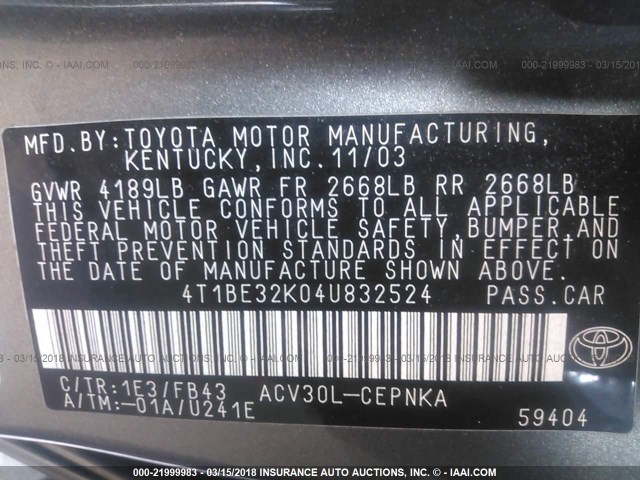 4T1BE32K04U832524 - 2004 TOYOTA CAMRY LE/XLE/SE BROWN photo 9