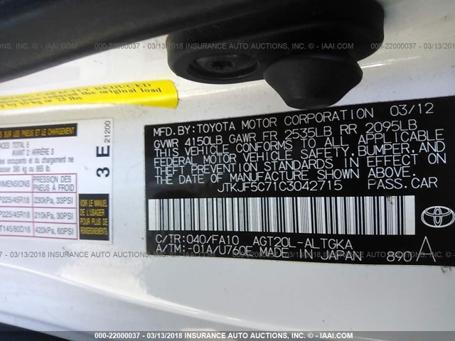 JTKJF5C71C3042715 - 2012 TOYOTA SCION TC 白色 照片 9