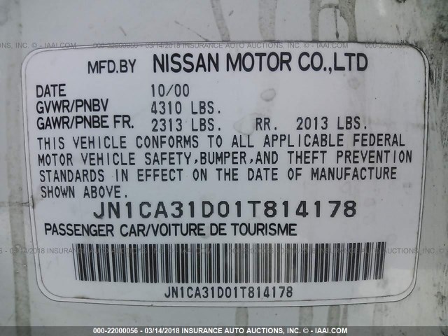 JN1CA31D01T814178 - 2001 NISSAN MAXIMA GXE/SE/GLE/20TH ANNIV WHITE photo 9