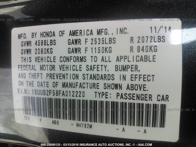 19UUB2F58FA012220 - 2015 ACURA TLX TECH GRAY photo 9