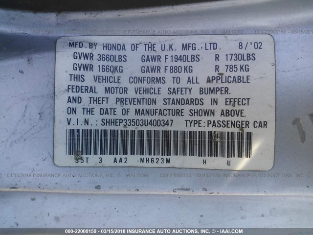 SHHEP33503U400347 - 2003 HONDA CIVIC SI SILVER photo 9