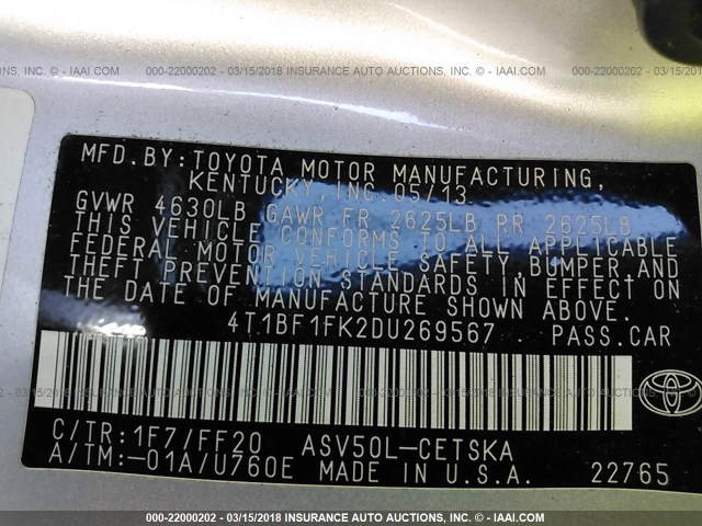 4T1BF1FK2DU269567 - 2013 TOYOTA CAMRY L/SE/LE/XLE SILVER photo 9