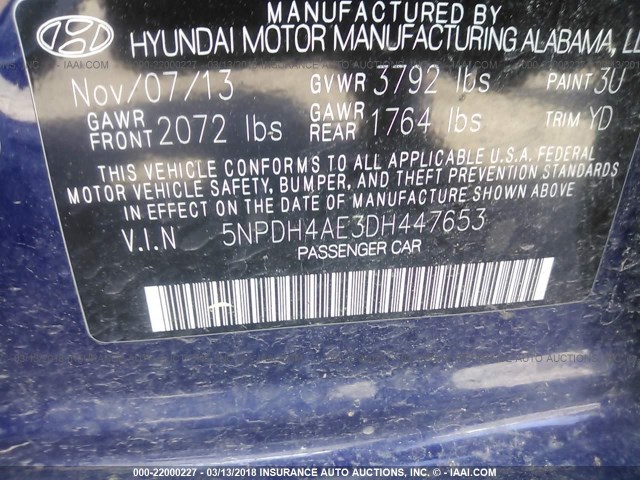 5NPDH4AE3DH447653 - 2013 HYUNDAI ELANTRA GLS/LIMITED BLUE photo 9