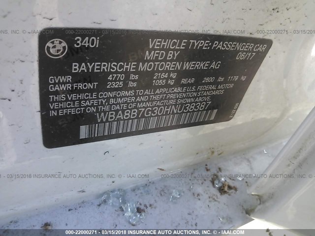 WBA8B7G30HNU38387 - 2017 BMW 340 XI WHITE photo 9