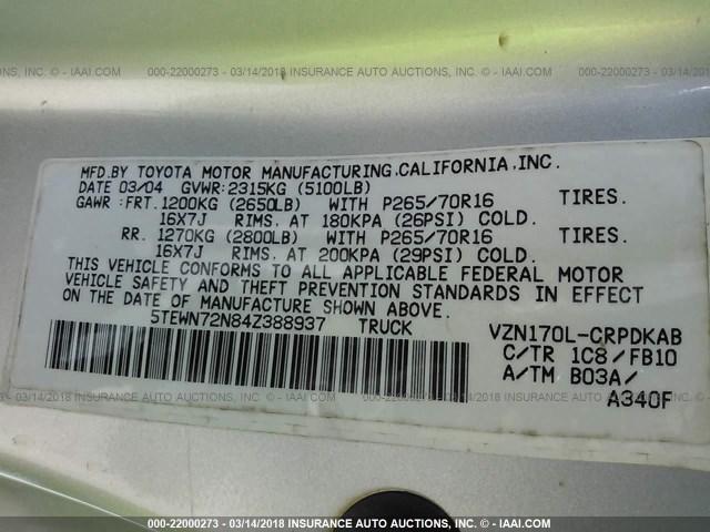 5TEWN72N84Z388937 - 2004 TOYOTA TACOMA XTRACAB SILVER photo 9