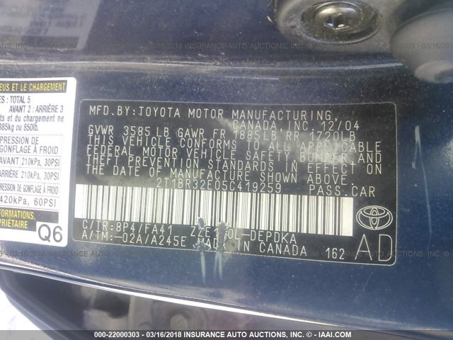 2T1BR32E05C419259 - 2005 TOYOTA COROLLA CE/LE/S BLUE photo 9