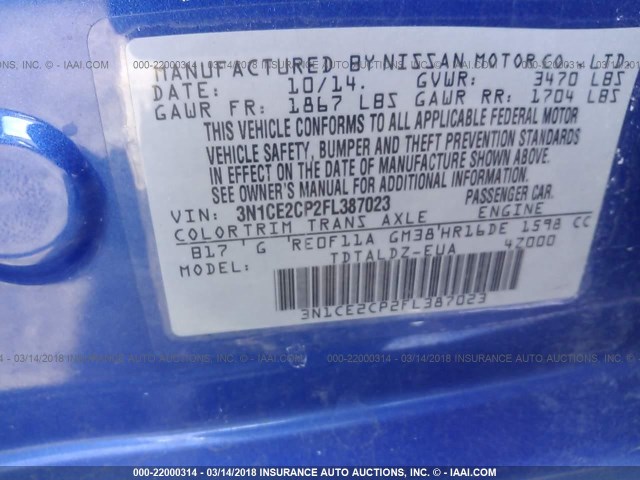 3N1CE2CP2FL387023 - 2015 NISSAN VERSA NOTE S/S PLUS/SV/SL/SR BLUE photo 9