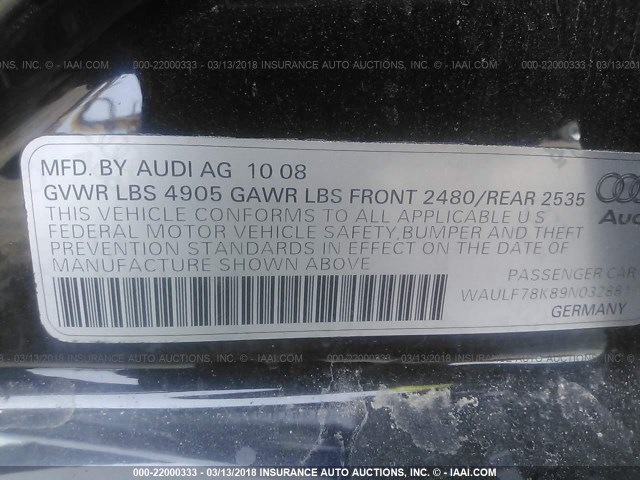 WAULF78K89N032881 - 2009 AUDI A4 2.0T QUATTRO BLACK photo 9