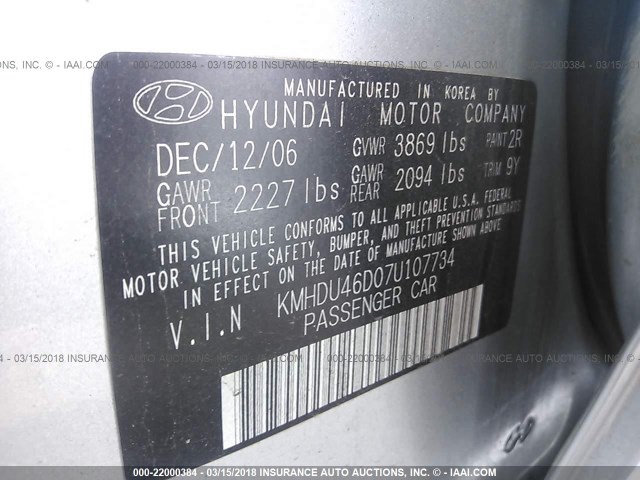 KMHDU46D07U107734 - 2007 HYUNDAI ELANTRA GLS/SE/LIMITED SILVER photo 9