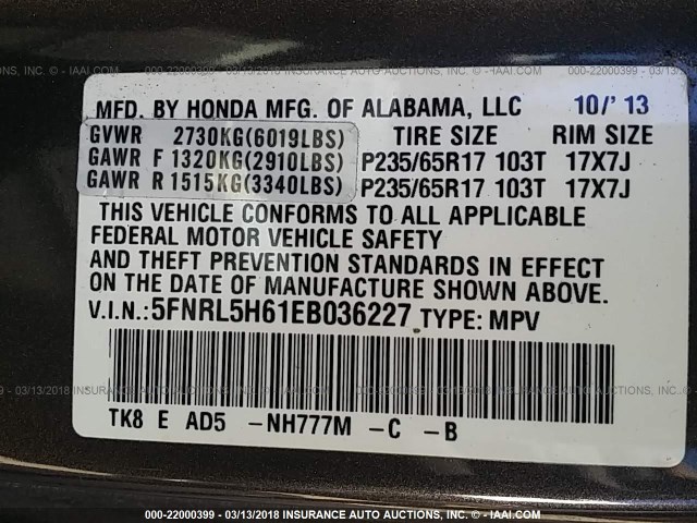 5FNRL5H61EB036227 - 2014 HONDA ODYSSEY EXL ნაცრისფერი ფოტო 9