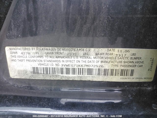 3VWEG71K67M072576 - 2007 VOLKSWAGEN JETTA WOLFSBURG 黑色 照片 9