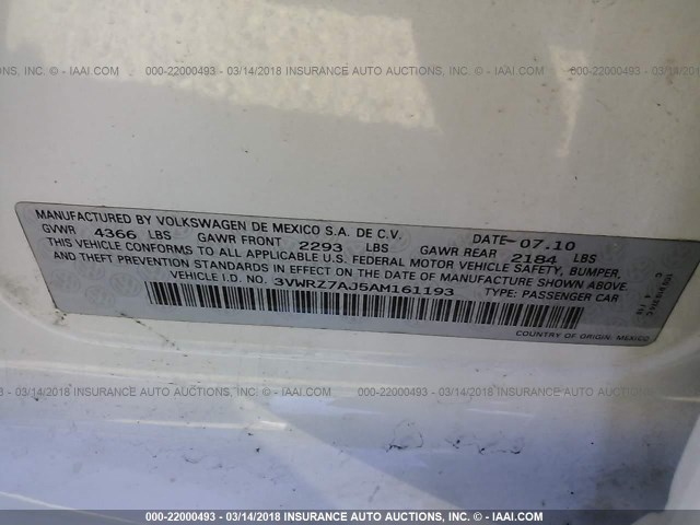 3VWRZ7AJ5AM161193 - 2010 VOLKSWAGEN JETTA SE/SEL WHITE photo 9