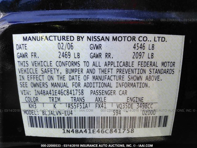 1N4BA41E46C841758 - 2006 NISSAN MAXIMA SE/SL GRAY photo 9