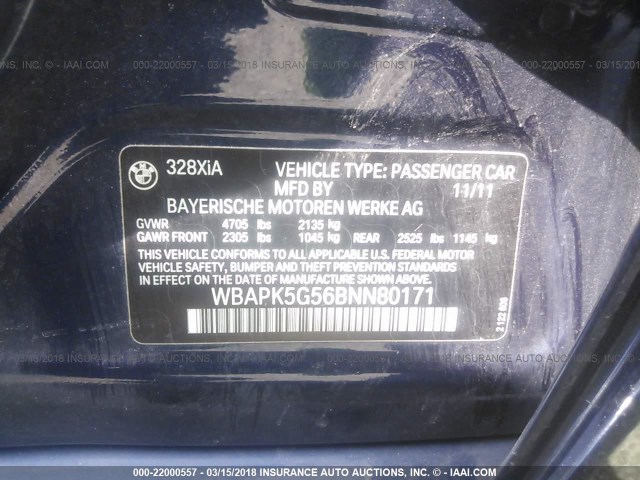 WBAPK5G56BNN80171 - 2011 BMW 328 XI SULEV BLUE photo 9