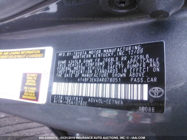 4T4BF3EK0AR078051 - 2010 TOYOTA CAMRY SE/LE/XLE GRAY photo 9