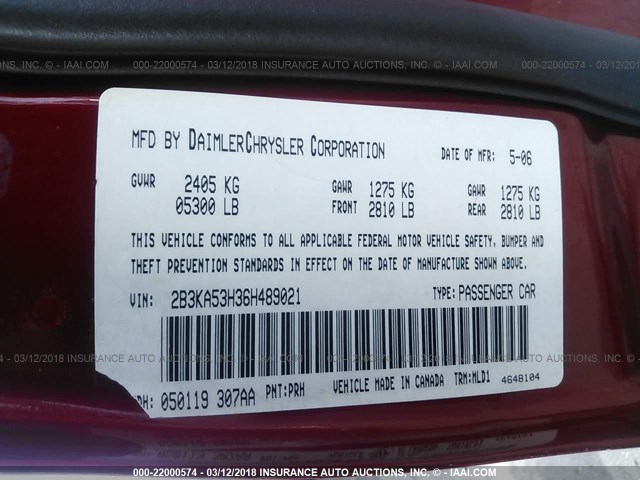 2B3KA53H36H489021 - 2006 DODGE CHARGER R/T RED photo 9