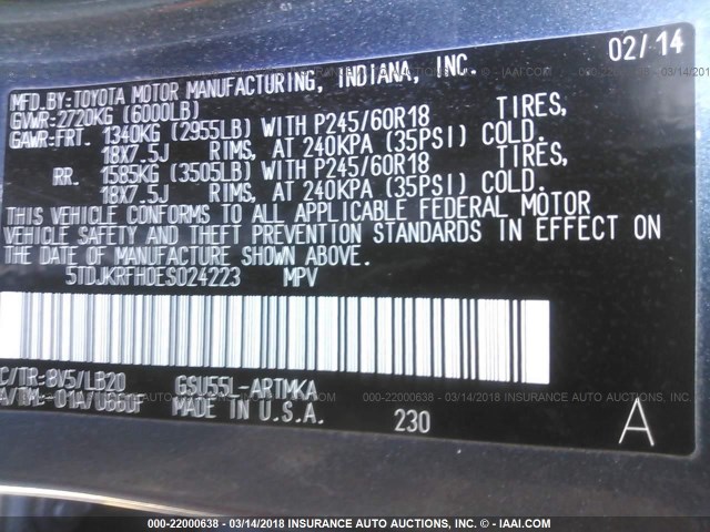 5TDJKRFH0ES024223 - 2014 TOYOTA HIGHLANDER XLE 灰色 照片 9