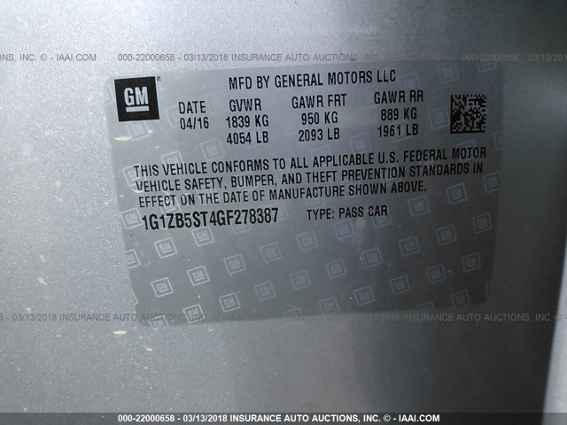 1G1ZB5ST4GF278387 - 2016 CHEVROLET MALIBU LS Gümüş foto 9