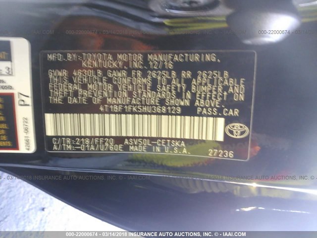 4T1BF1FK5HU368129 - 2017 TOYOTA CAMRY LE/XLE/SE/XSE BLACK photo 9