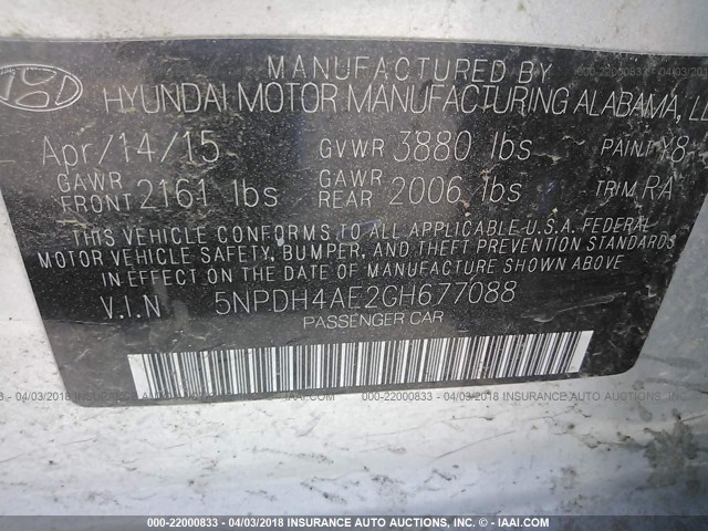 5NPDH4AE2GH677088 - 2016 HYUNDAI ELANTRA SE/SPORT/LIMITED SILVER photo 9