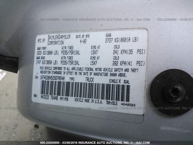 1B7HG38N52S670540 - 2002 DODGE DAKOTA QUAD SPORT/QUAD R/T SILVER photo 9