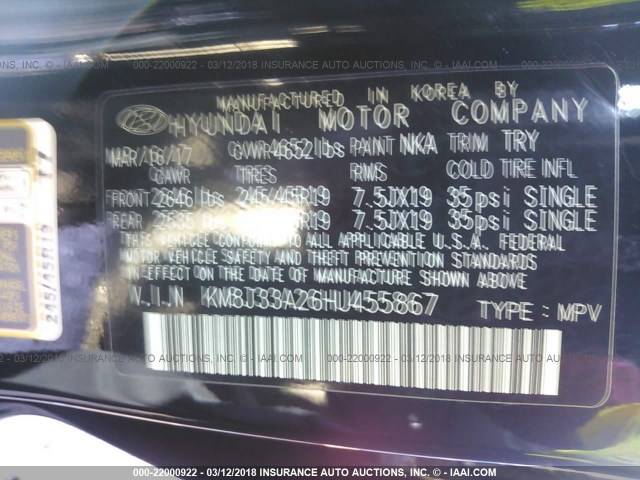 KM8J33A26HU455867 - 2017 HYUNDAI TUCSON LIMITED/SPORT AND ECO/SE BLACK photo 9