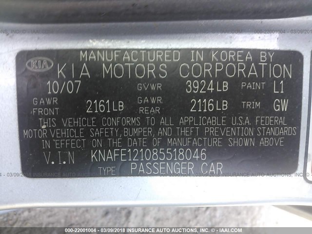 KNAFE121085518046 - 2008 KIA SPECTRA EX/LX/SX SILVER photo 9