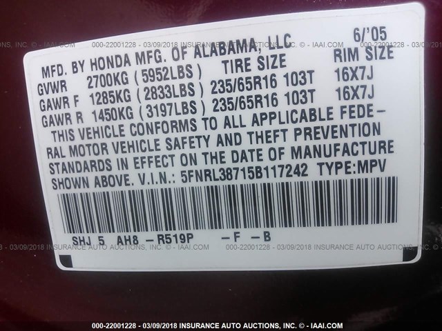 5FNRL38715B117242 - 2005 HONDA ODYSSEY EXL წითელი ფოტო 9