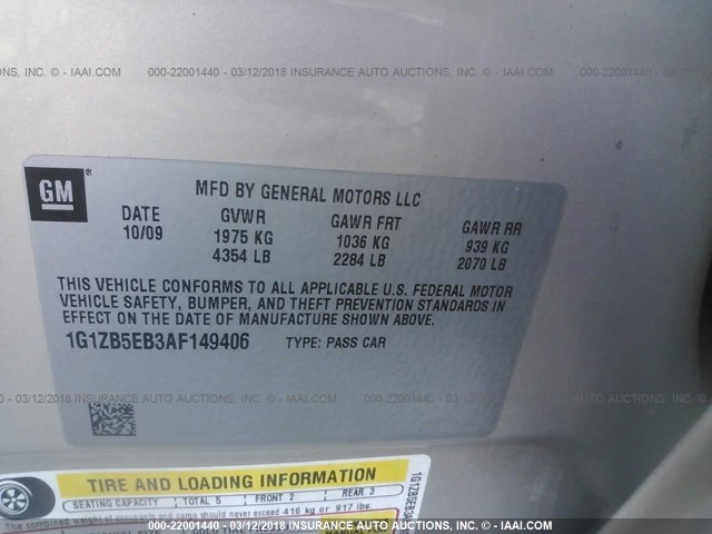 1G1ZB5EB3AF149406 - 2010 CHEVROLET MALIBU LS ოქროსფერი ფოტო 9