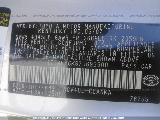 4T1BE46K67U695500 - 2007 TOYOTA CAMRY NEW GENERAT CE/LE/XLE/SE SILVER photo 9