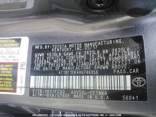 4T1BF1FK4HU786956 - 2017 TOYOTA CAMRY LE/XLE/SE/XSE GRAY photo 9