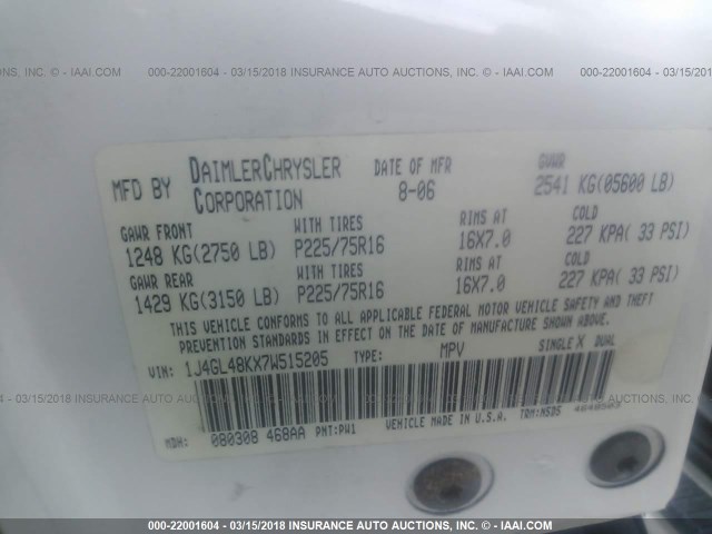 1J4GL48KX7W515205 - 2007 JEEP LIBERTY SPORT 白色 照片 9