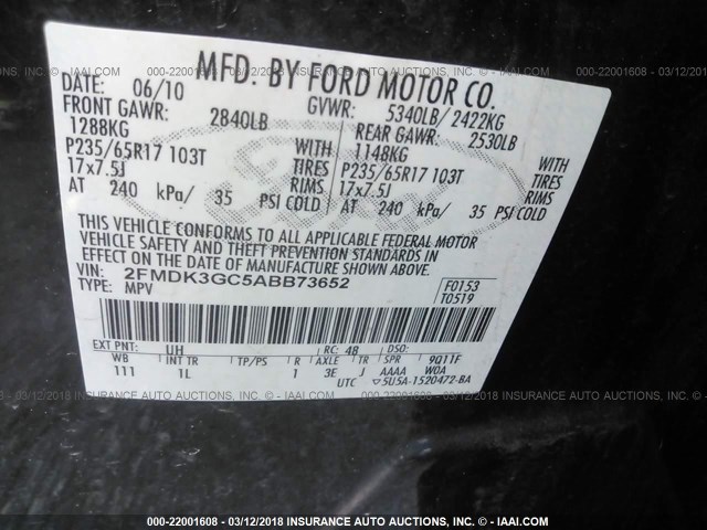 2FMDK3GC5ABB73652 - 2010 FORD EDGE SE 黑色 照片 9