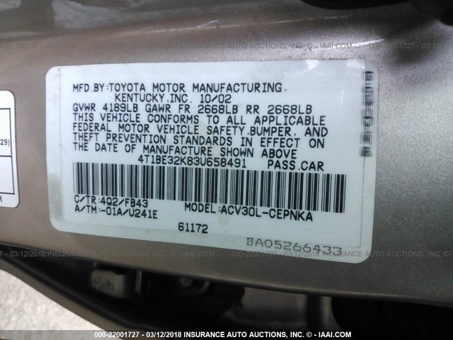 4T1BE32K83U658491 - 2003 TOYOTA CAMRY LE/XLE/SE GOLD photo 9