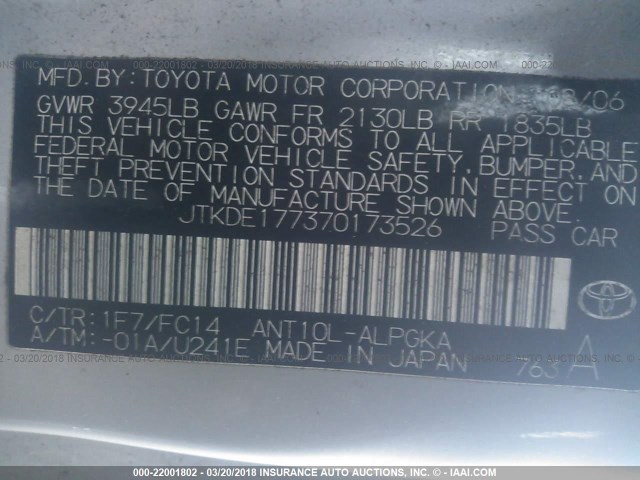 JTKDE177370173526 - 2007 TOYOTA SCION TC 银色 照片 9