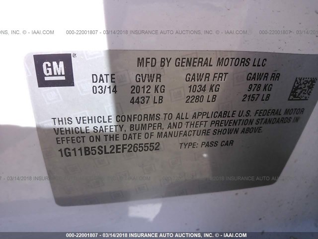 1G11B5SL2EF265552 - 2014 CHEVROLET MALIBU LS 白色 照片 9