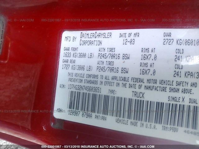 1D7HG32N74S603651 - 2004 DODGE DAKOTA SPORT RED photo 9