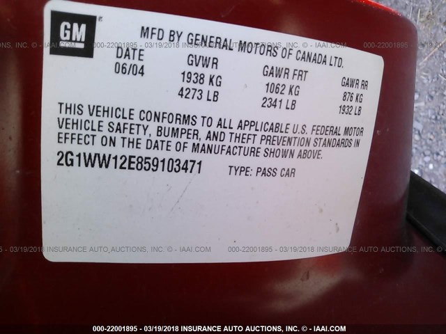 2G1WW12E859103471 - 2005 CHEVROLET MONTE CARLO LS 红色 照片 9